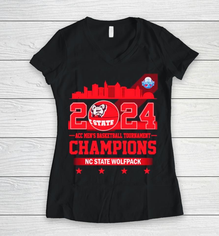 Nc State Wolfpack 2024 Acc Men’s Basketball Tournament Champions Skyline Women V-Neck T-Shirt