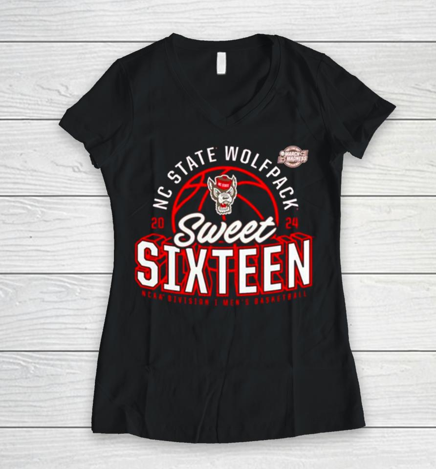 Nc State Wolfpack 2024 Ncaa Men’s Basketball Tournament March Madness Sweet Sixteen Defensive Stance Women V-Neck T-Shirt