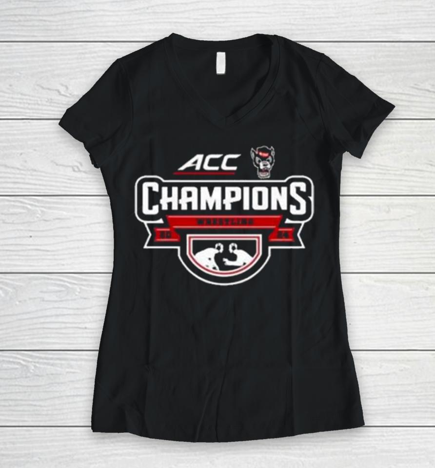 Nc State Wolfpack Acc Wrestling 2024 Champions Women V-Neck T-Shirt