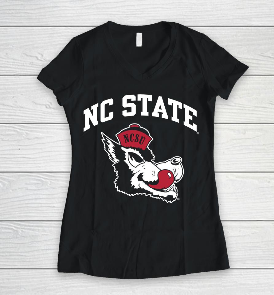 Nc State Wolfpack Arched Nc State Over Slobbering Wolf Women V-Neck T-Shirt