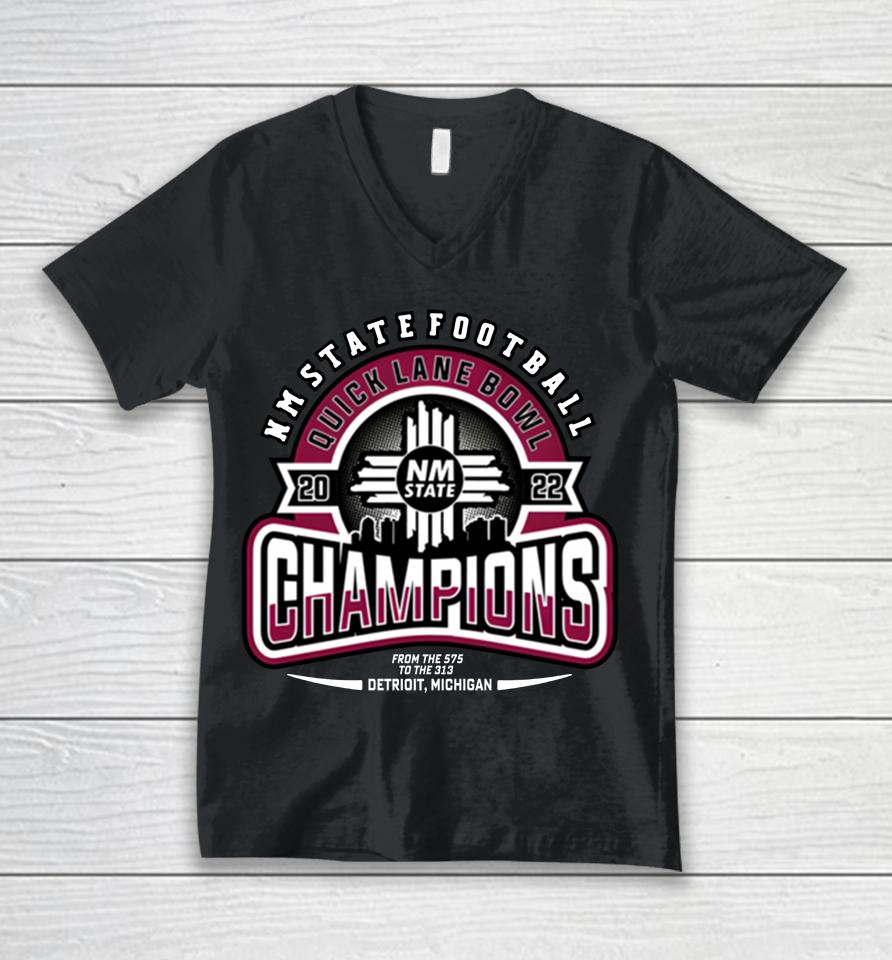 Ncaa 2022 Quick Lane Bowl Champions New Mexico State Unisex V-Neck T-Shirt