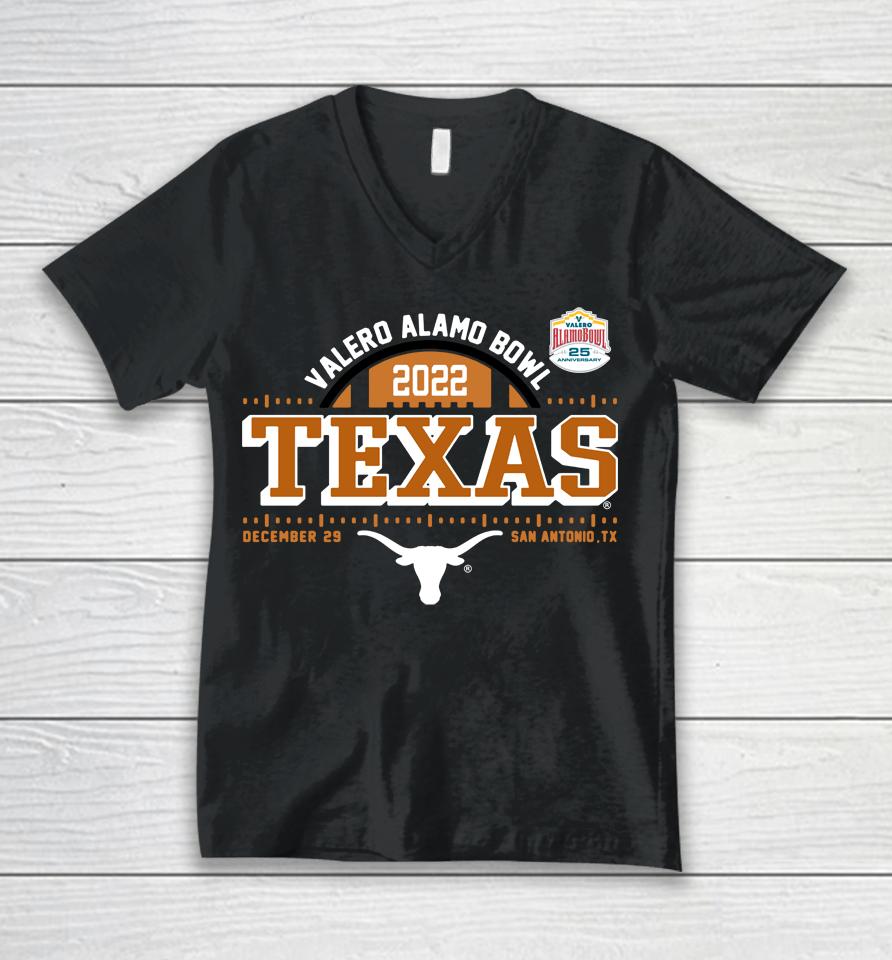 Ncaa 2022 Texas Longhorns Burnt Valero Alamo Bowl Bound Unisex V-Neck T-Shirt