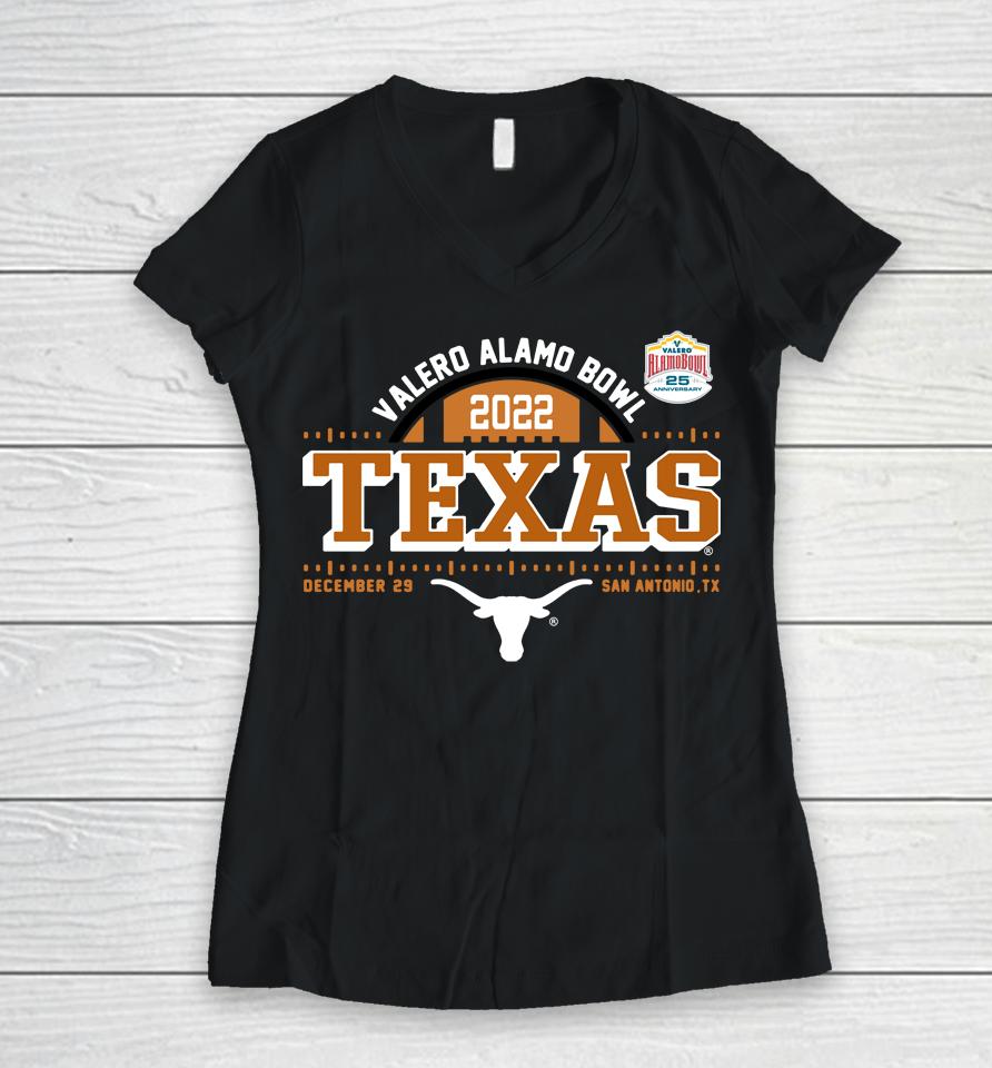 Ncaa 2022 Texas Longhorns Burnt Valero Alamo Bowl Bound Women V-Neck T-Shirt