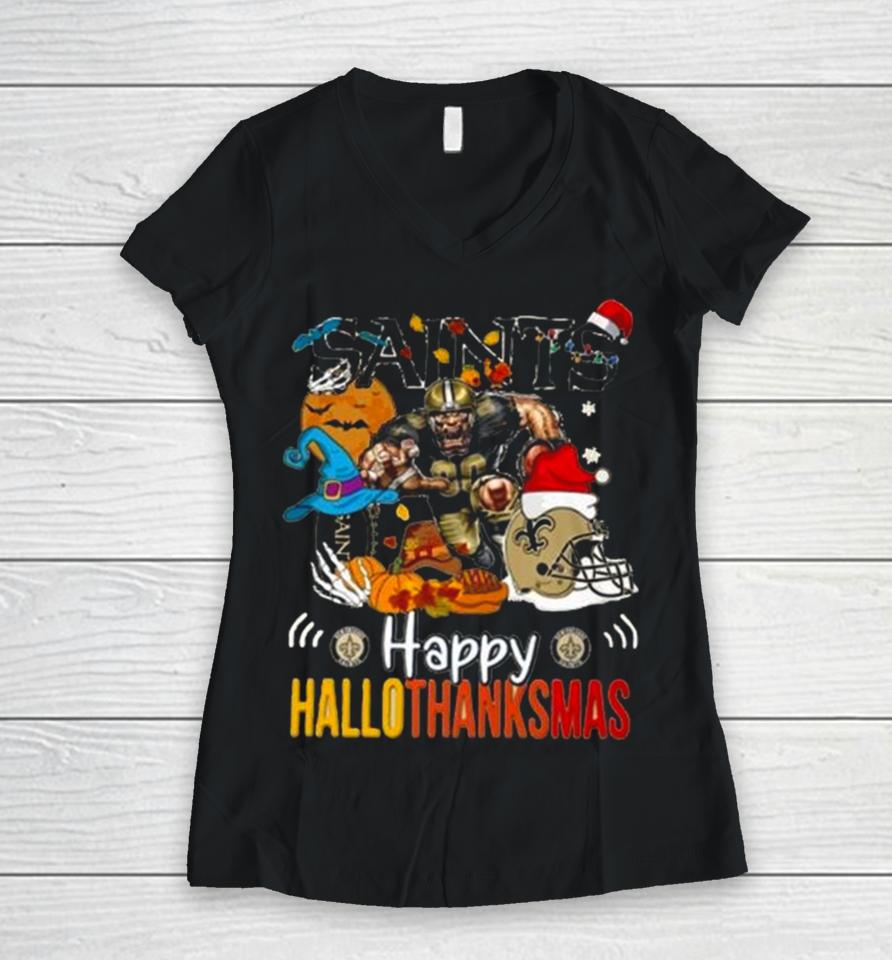 Ncaa New Orleans Saints Mascot Happy Hallothanksmas Women V-Neck T-Shirt