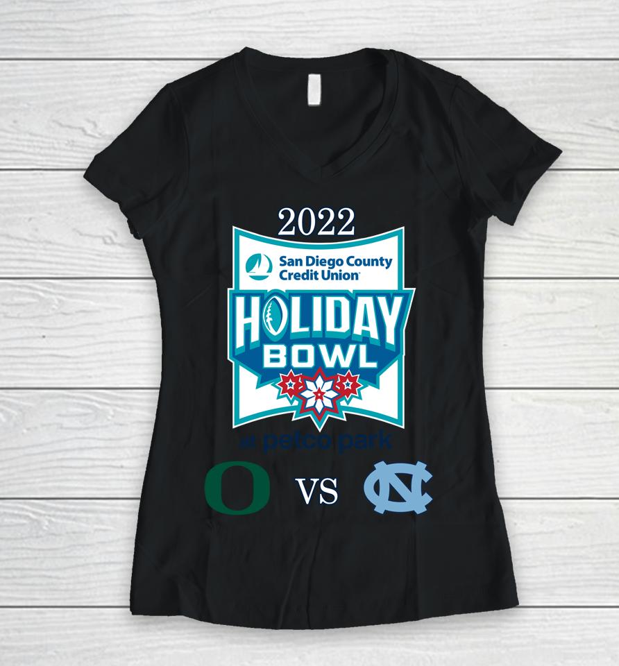 Ncaa Oregon Ducks Vs North Carolina Tar Heels 2022 Holiday Bowl Matchup Women V-Neck T-Shirt