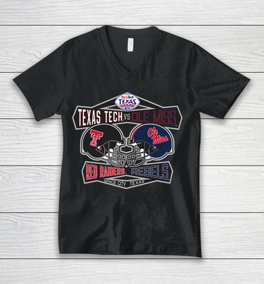 Ncaa Playoff Texas Tech Vs Ole Miss 2022 Texas Bowl Dueling Helmets Unisex V-Neck T-Shirt