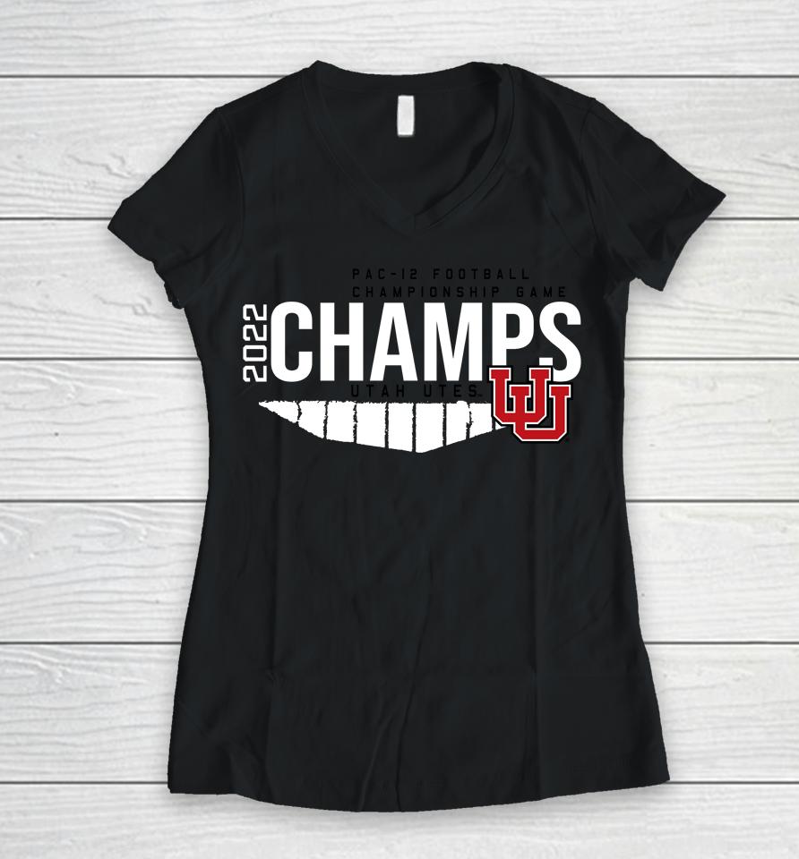 Ncaa Red Utah Utes 2022 Pac-12 Football Champions Game Locker Room Women V-Neck T-Shirt