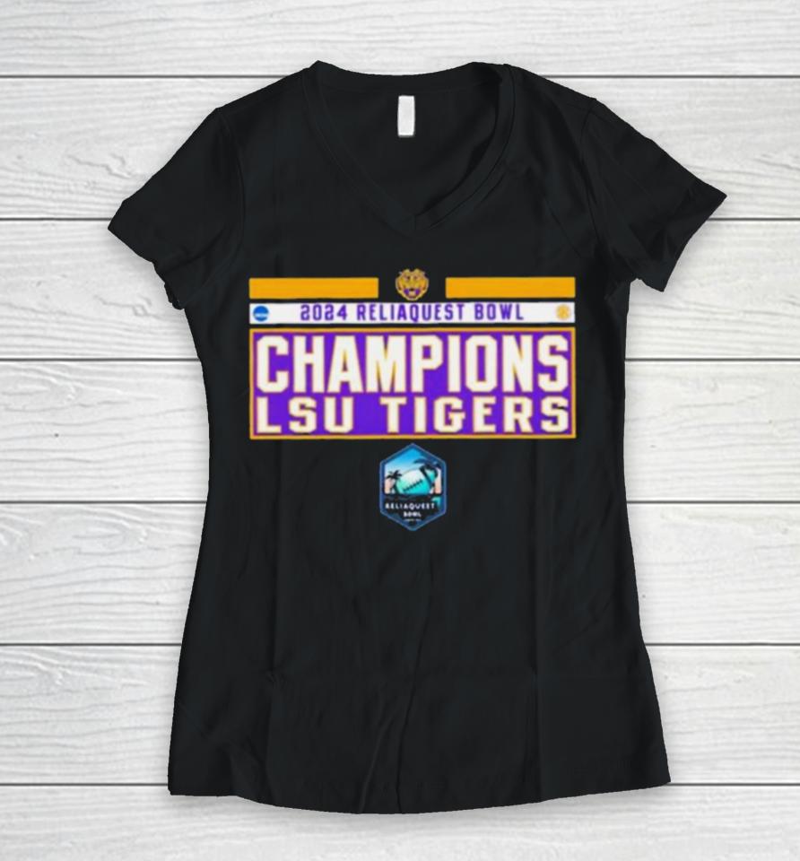 Ncaa Sec Lsu Tiger 2024 Reliaquest Bowl Champions Women V-Neck T-Shirt