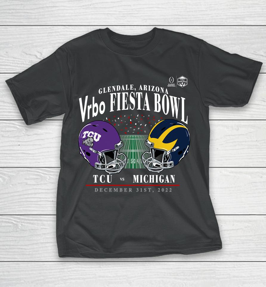 Ncaa Shop Michigan Vs Tcu Matchup Vrbo Fiesta Bowl College Football Playoff T-Shirt