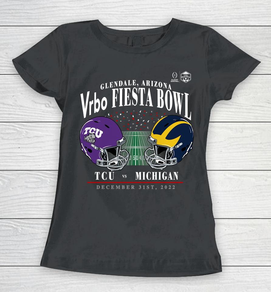 Ncaa Shop Michigan Vs Tcu Matchup Vrbo Fiesta Bowl College Football Playoff Women T-Shirt