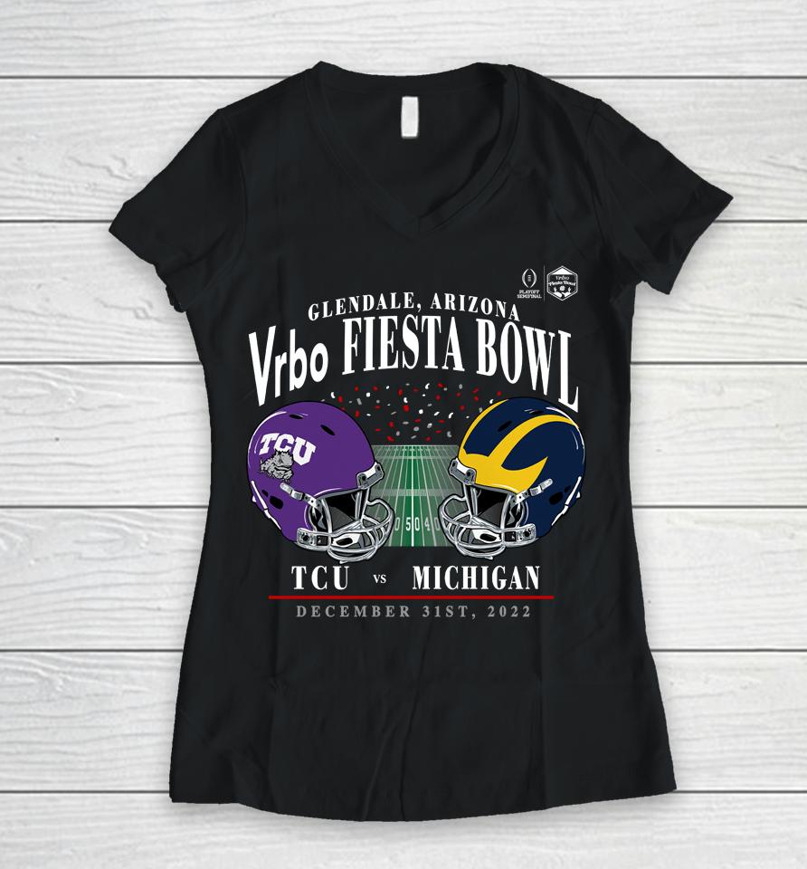 Ncaa Shop Michigan Vs Tcu Matchup Vrbo Fiesta Bowl College Football Playoff Women V-Neck T-Shirt