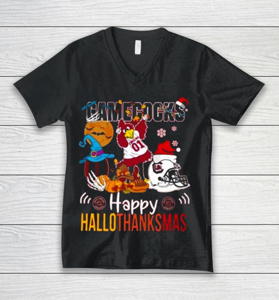 Ncaa South Carolina Gamecocks Mascot Happy Hallothanksmas Unisex V-Neck T-Shirt