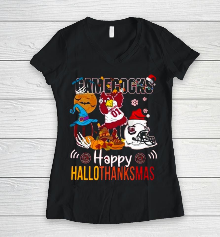 Ncaa South Carolina Gamecocks Mascot Happy Hallothanksmas Women V-Neck T-Shirt