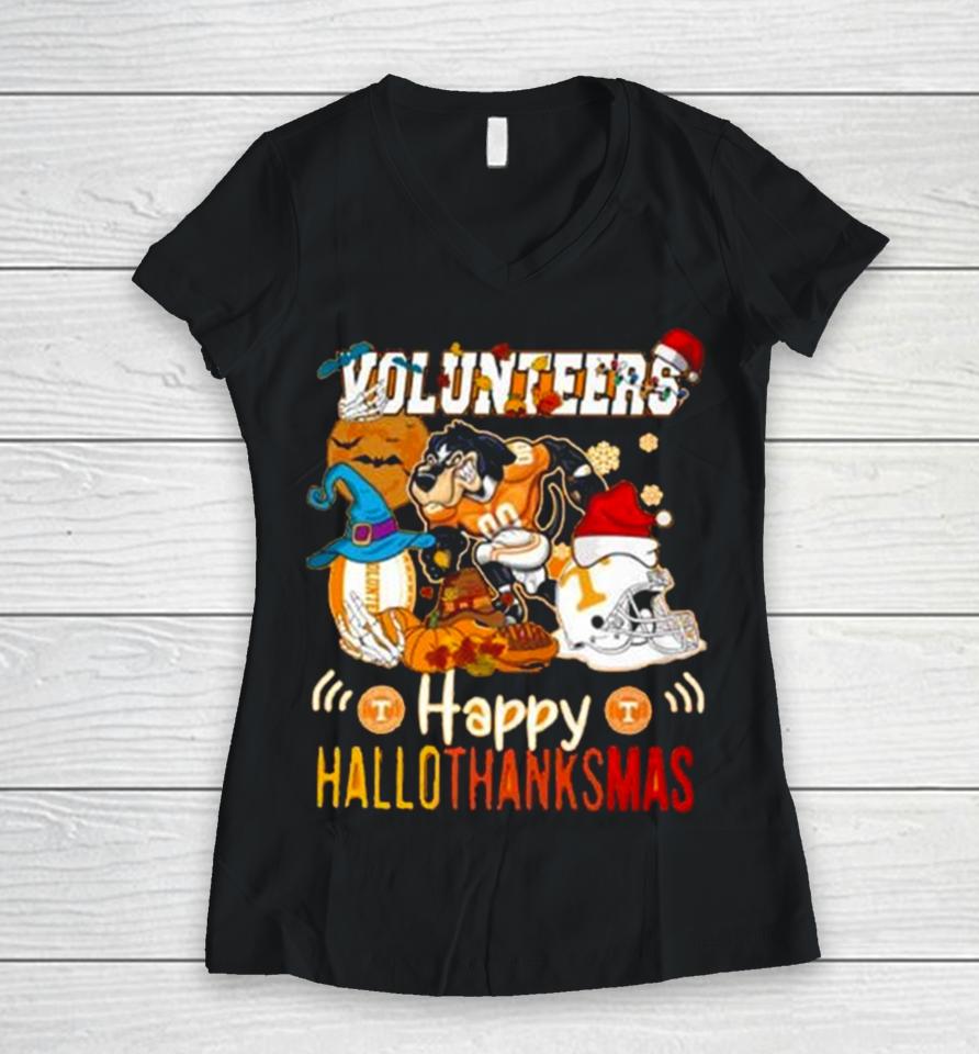 Ncaa Tennessee Volunteers Mascot Happy Hallothanksmas Women V-Neck T-Shirt