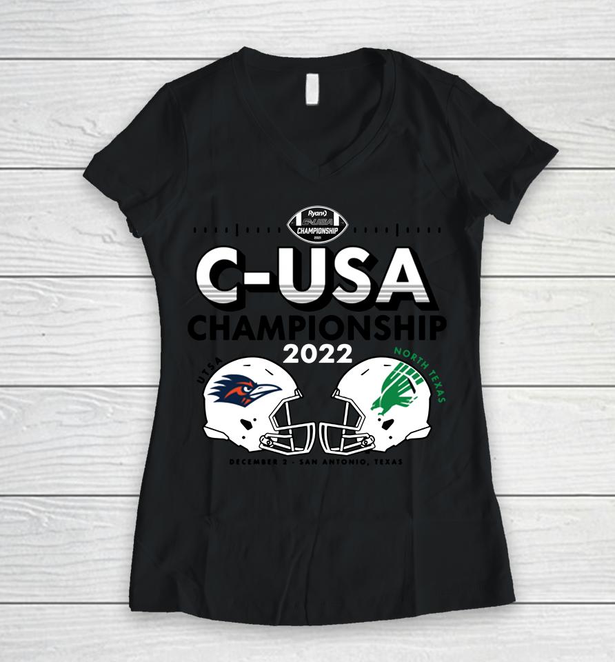 Ncaa Utsa Roadrunners Vs North Texas Mean Green 2022 C-Usa Football Champions Women V-Neck T-Shirt