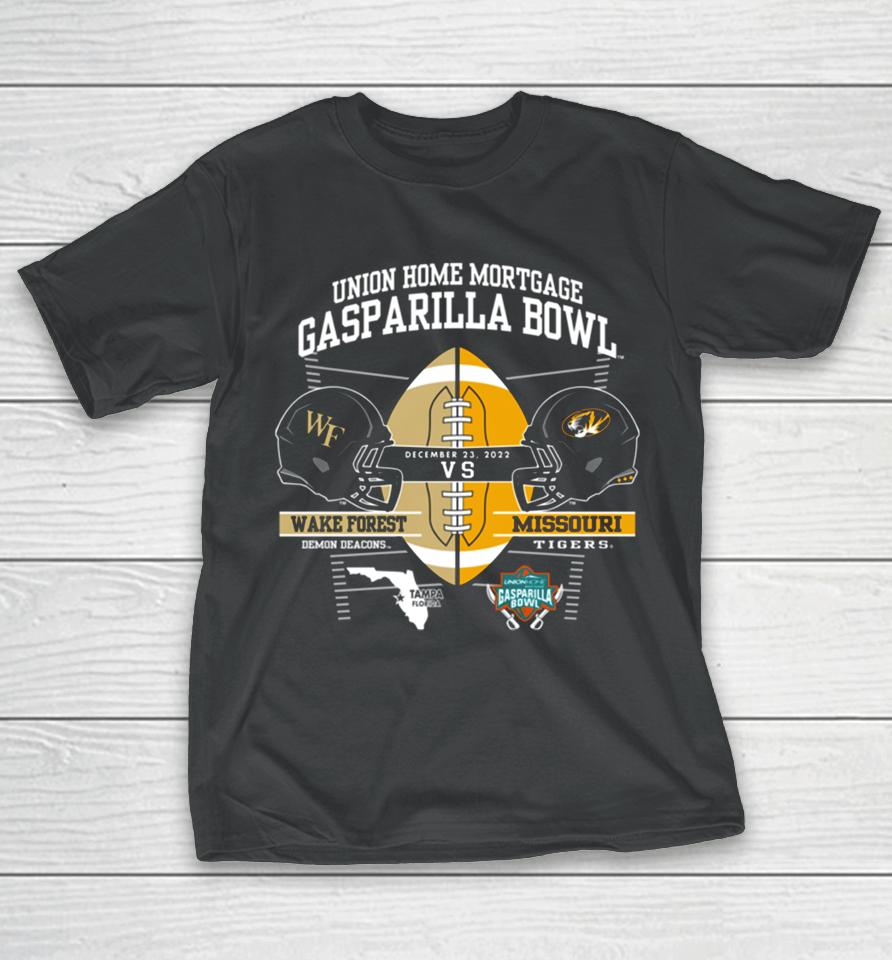 Ncaa Wake Forest Demon Deacons Vs Missouri Tigers 2022 Union Home Mortgage Gasparilla Bowl Matchup T-Shirt