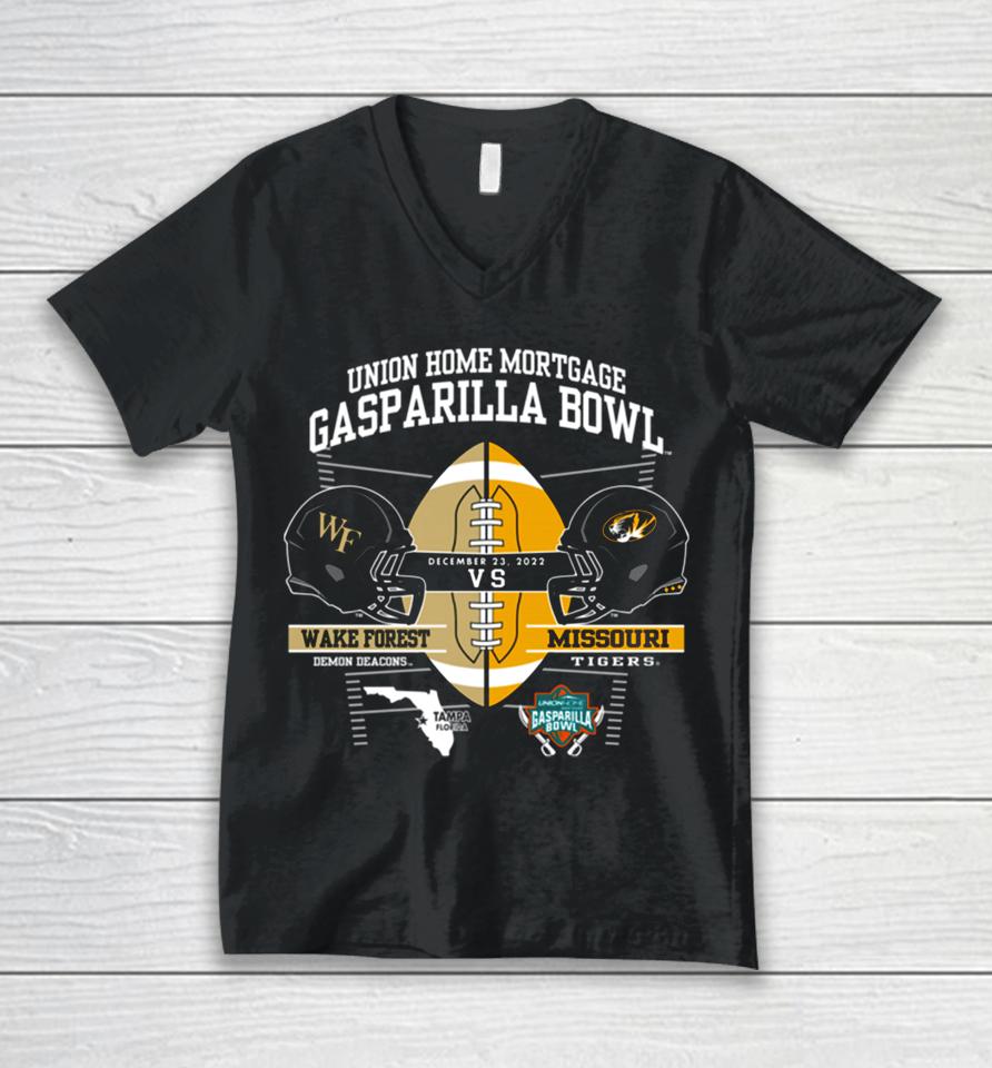 Ncaa Wake Forest Demon Deacons Vs Missouri Tigers 2022 Union Home Mortgage Gasparilla Bowl Matchup Unisex V-Neck T-Shirt