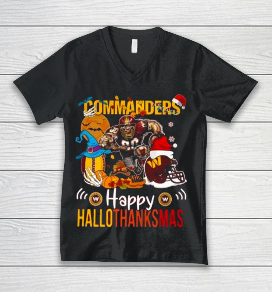 Ncaa Washington Commanders Mascot Happy Hallothanksmas Unisex V-Neck T-Shirt