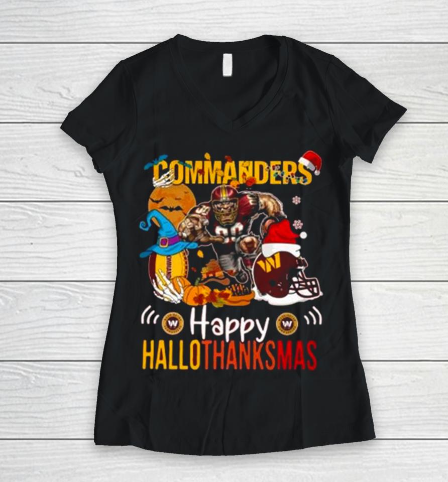 Ncaa Washington Commanders Mascot Happy Hallothanksmas Women V-Neck T-Shirt