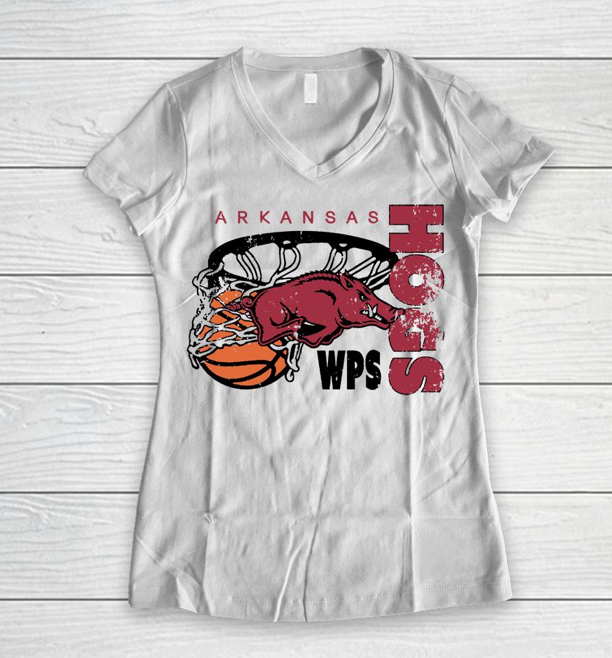Ncaa White University Of Arkansas Alley Oop Women V-Neck T-Shirt