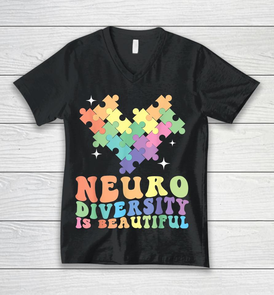 Neurodiversity Is Beautiful Puzzle Pieces Rainbow Autism Unisex V-Neck T-Shirt