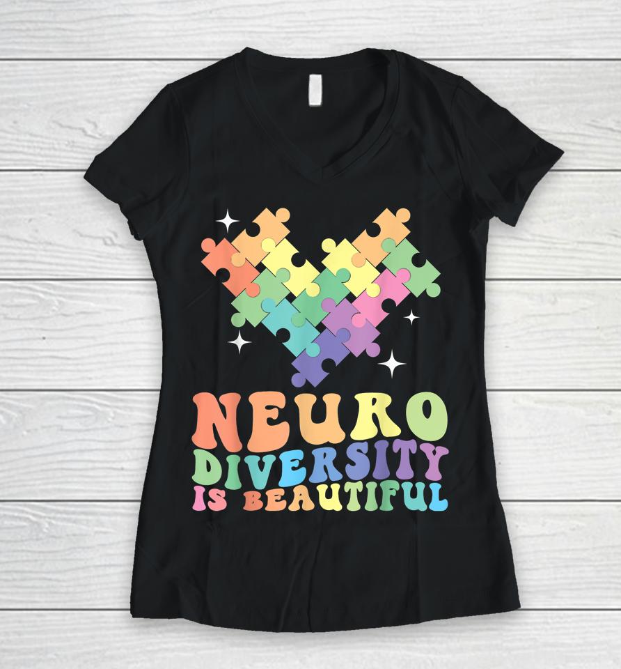 Neurodiversity Is Beautiful Puzzle Pieces Rainbow Autism Women V-Neck T-Shirt