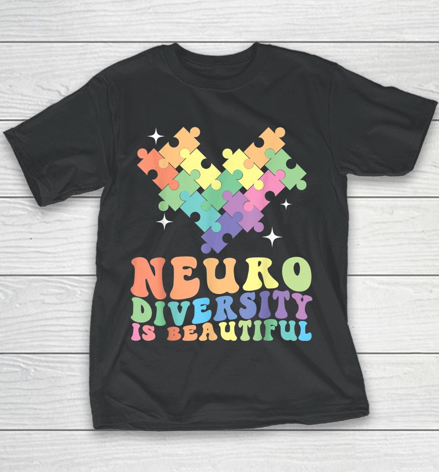 Neurodiversity Is Beautiful Puzzle Pieces Rainbow Autism Youth T-Shirt