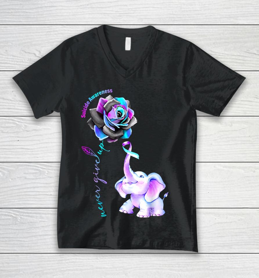 Never Give Up Elephant Suicide Prevention Awareness Flower Unisex V-Neck T-Shirt