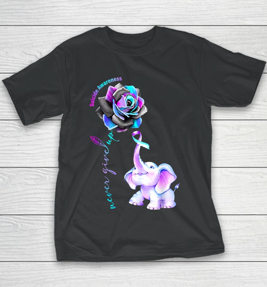 Never Give Up Elephant Suicide Prevention Awareness Flower Youth T-Shirt