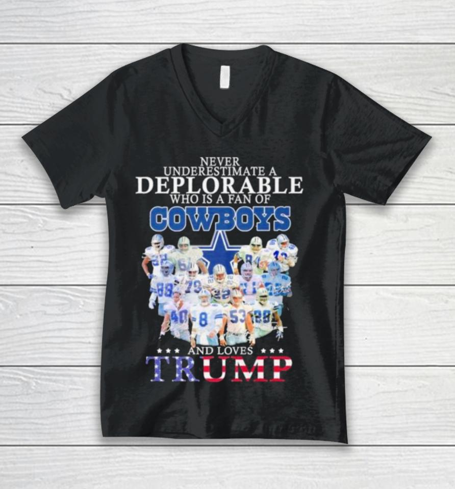 Never Underestimate A Deplorable Who Is A Fan Of Dallas Cowboys And Love Trump Signatures Unisex V-Neck T-Shirt