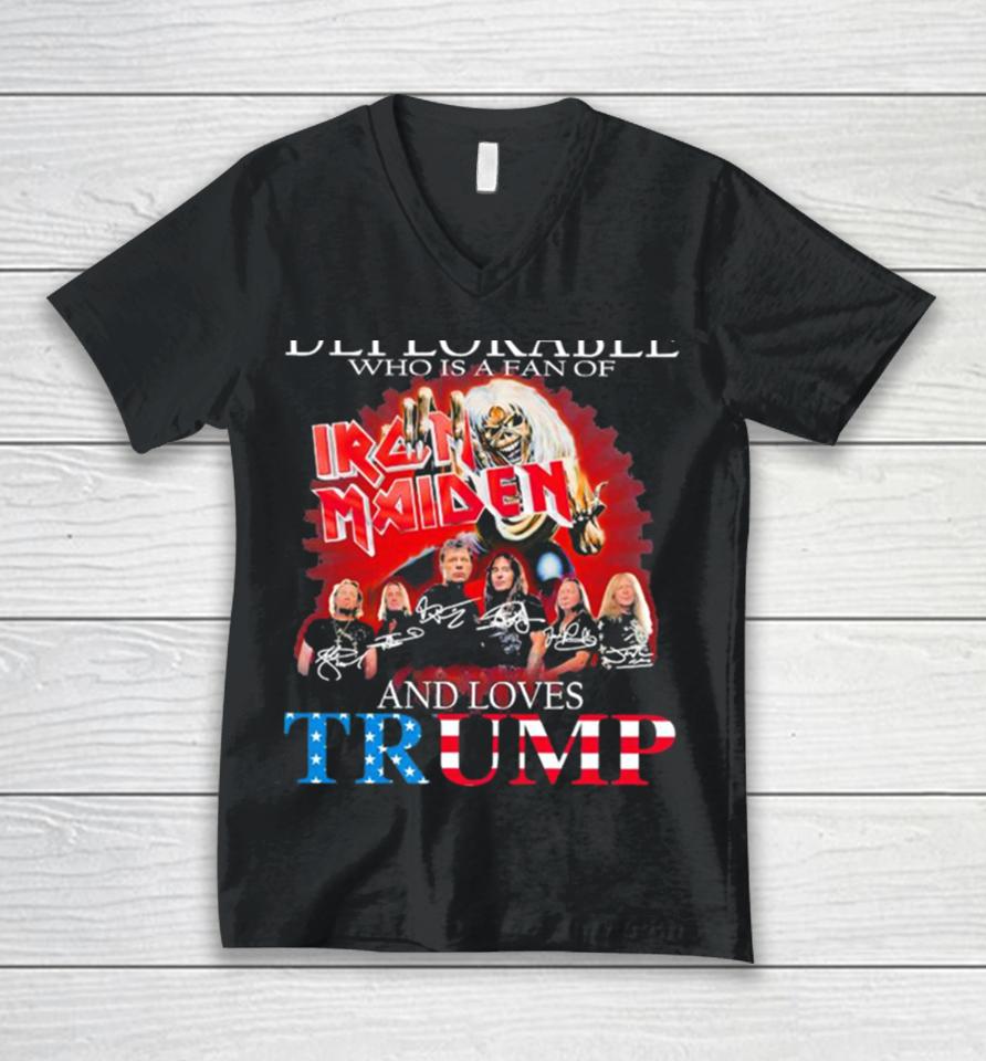 Never Underestimate A Deplorable Who Is A Fan Of Iron Maiden And Loves Trump Signatures Unisex V-Neck T-Shirt