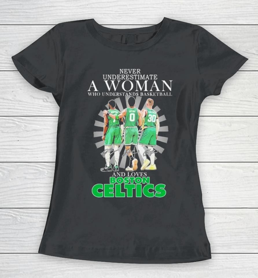 Never Underestimate A Woman Who Understands Basketball And Loves Boston Celtics 2024 Signatures Women T-Shirt