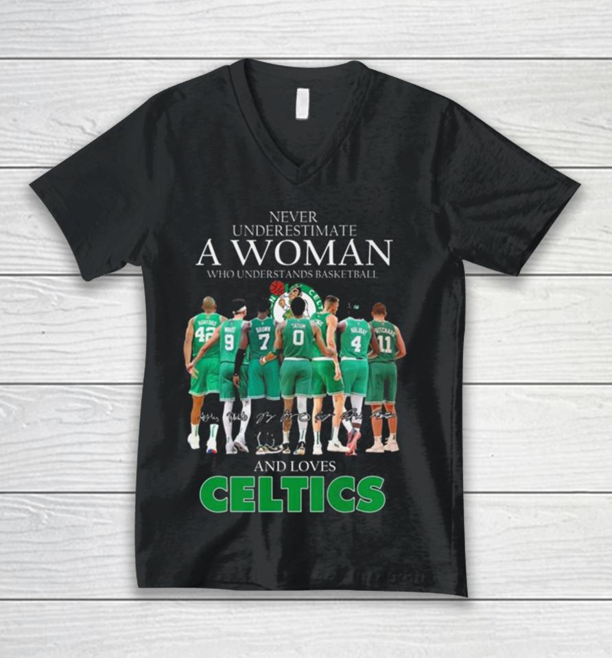 Never Underestimate A Woman Who Understands Basketball And Loves Celtics 2024 Signatures Unisex V-Neck T-Shirt
