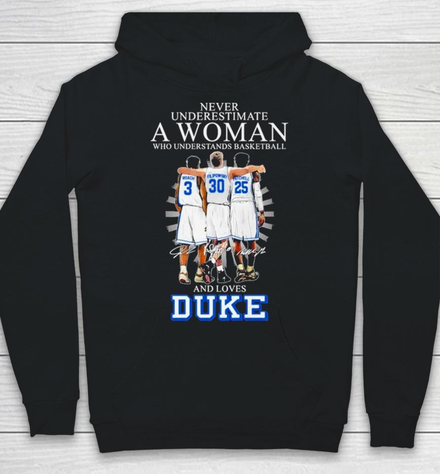 Never Underestimate A Woman Who Understands Basketball And Loves Duke 2024 Signatures Hoodie