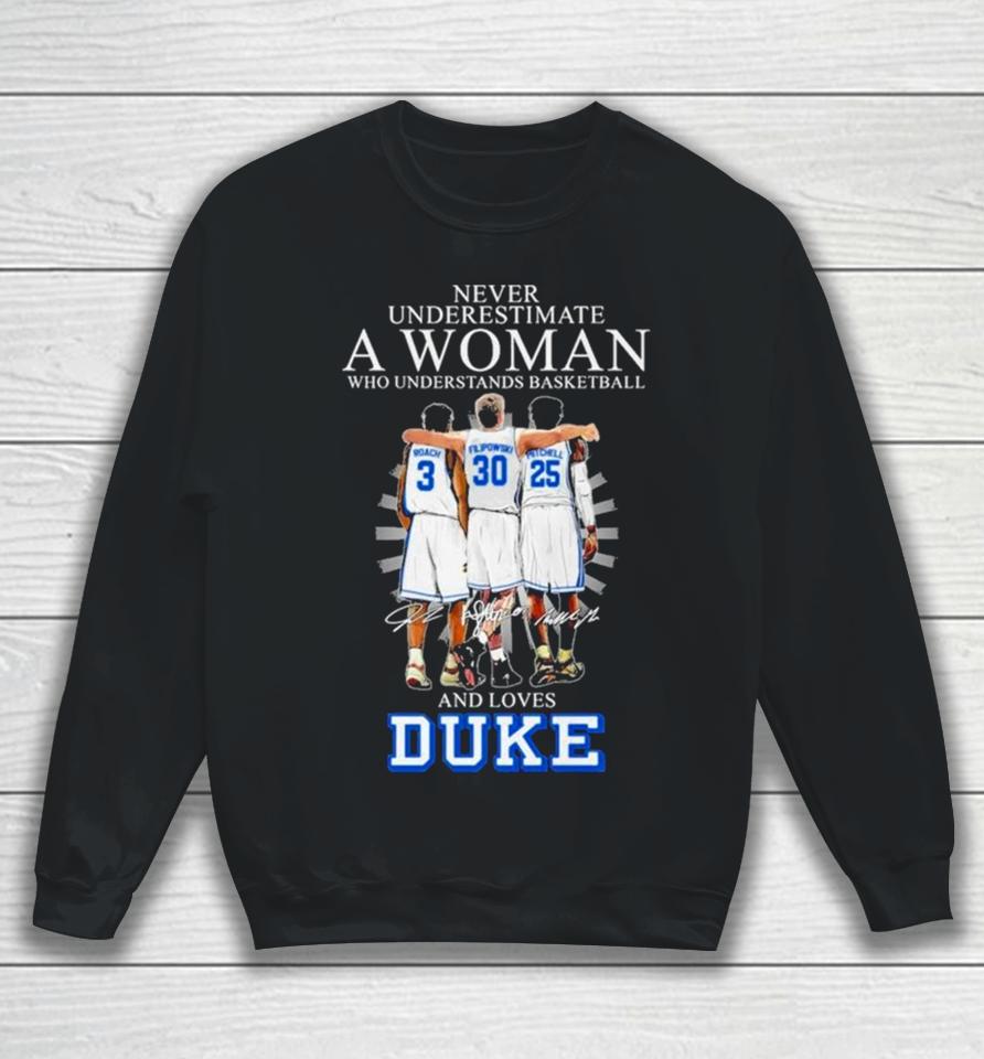 Never Underestimate A Woman Who Understands Basketball And Loves Duke 2024 Signatures Sweatshirt