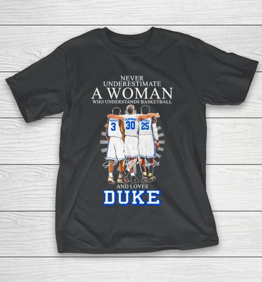 Never Underestimate A Woman Who Understands Basketball And Loves Duke 2024 Signatures T-Shirt