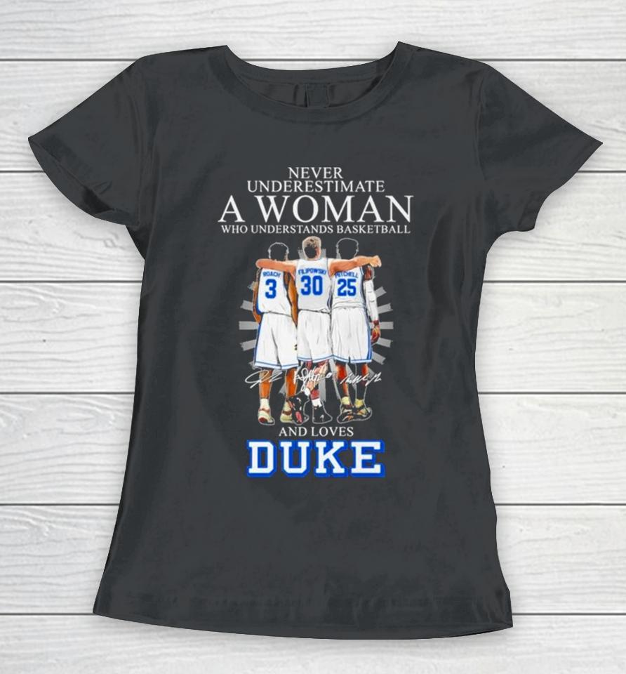 Never Underestimate A Woman Who Understands Basketball And Loves Duke 2024 Signatures Women T-Shirt