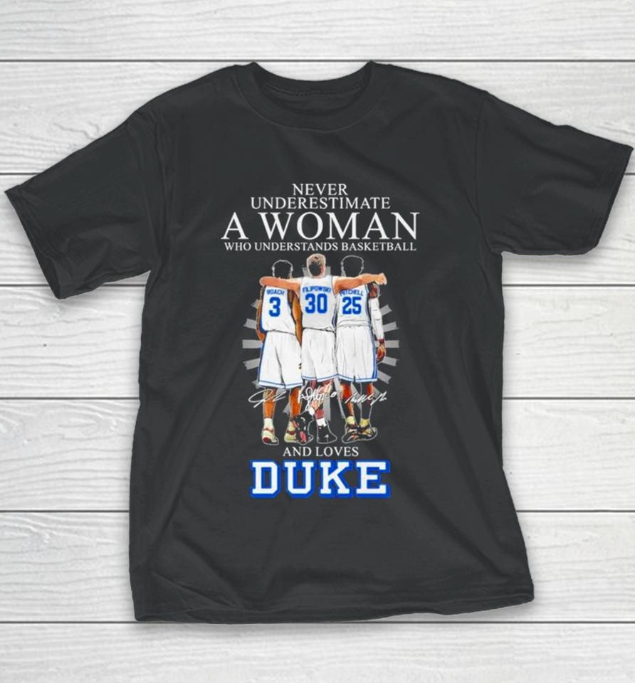 Never Underestimate A Woman Who Understands Basketball And Loves Duke 2024 Signatures Youth T-Shirt