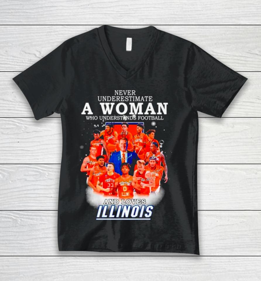 Never Underestimate A Woman Who Understands Basketball And Loves Illinois Signatures Unisex V-Neck T-Shirt