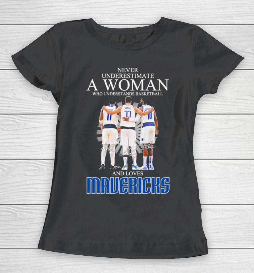 Never Underestimate A Woman Who Understands Basketball And Loves Mavericks 2024 Signatures Women T-Shirt