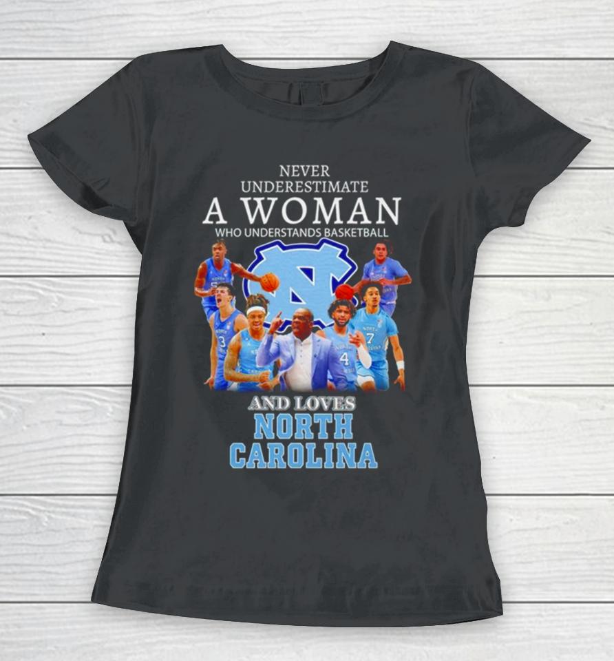 Never Underestimate A Woman Who Understands Basketball And Loves North Carolina Tar Heels Women T-Shirt