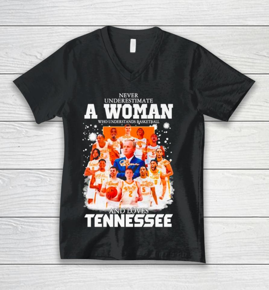 Never Underestimate A Woman Who Understands Basketball And Loves Tennessee Signatures Unisex V-Neck T-Shirt