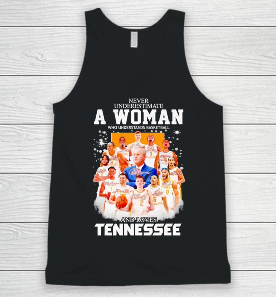 Never Underestimate A Woman Who Understands Basketball And Loves Tennessee Volunteers Men’s Basketball 2024 Signatures Unisex Tank Top