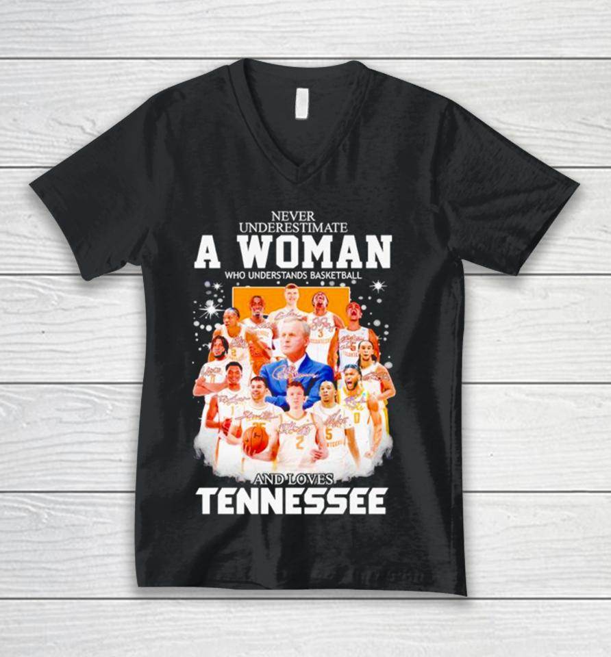 Never Underestimate A Woman Who Understands Basketball And Loves Tennessee Volunteers Men’s Basketball 2024 Signatures Unisex V-Neck T-Shirt