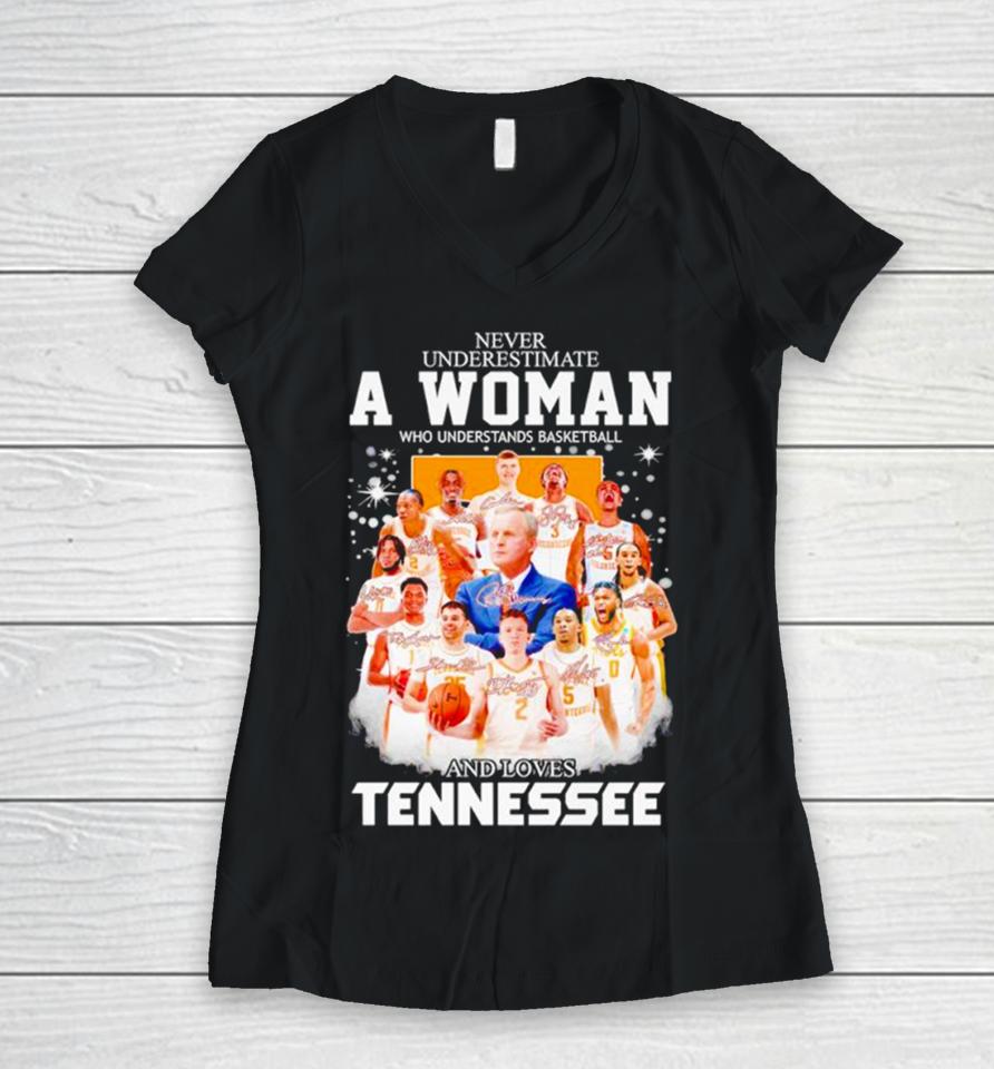 Never Underestimate A Woman Who Understands Basketball And Loves Tennessee Volunteers Men’s Basketball 2024 Signatures Women V-Neck T-Shirt