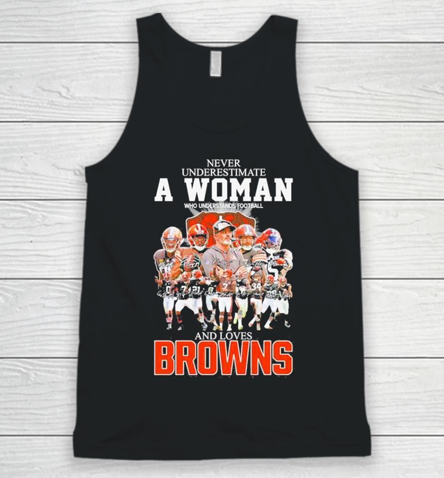 Never Underestimate A Woman Who Understands Football And Loves Cleveland Browns 2023 2024 Super Bowl Signatures Unisex Tank Top