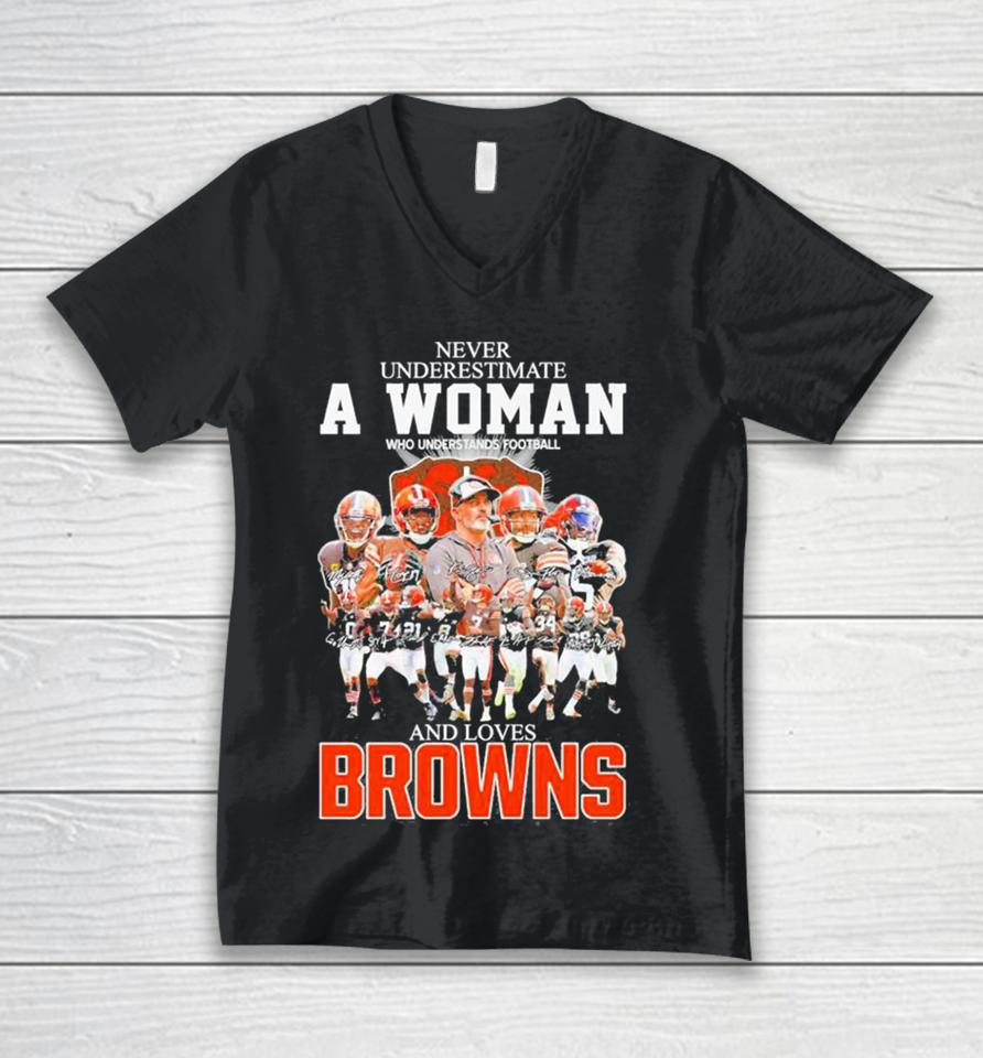 Never Underestimate A Woman Who Understands Football And Loves Cleveland Browns 2023 2024 Super Bowl Signatures Unisex V-Neck T-Shirt