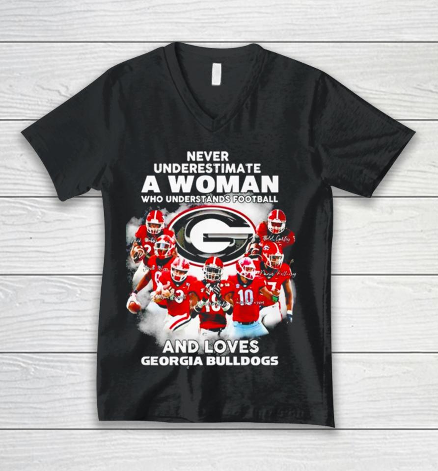 Never Underestimate A Woman Who Understands Football And Loves Georgia Bulldogs Signature Unisex V-Neck T-Shirt