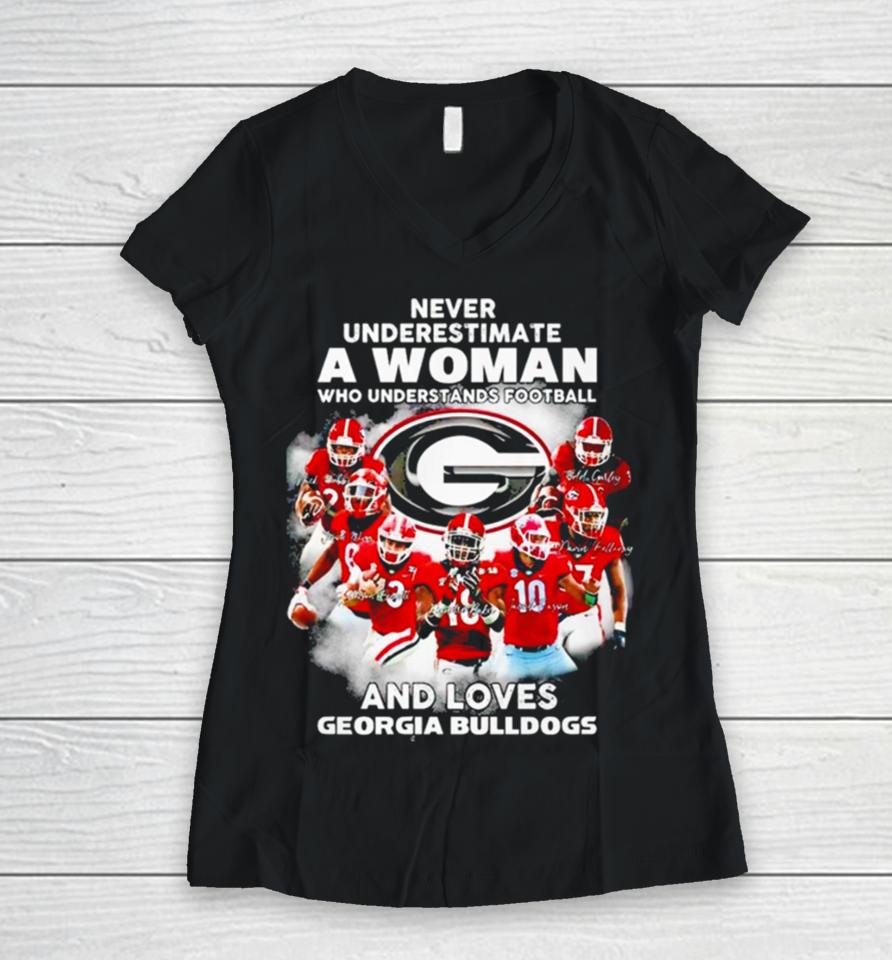 Never Underestimate A Woman Who Understands Football And Loves Georgia Bulldogs Signature Women V-Neck T-Shirt