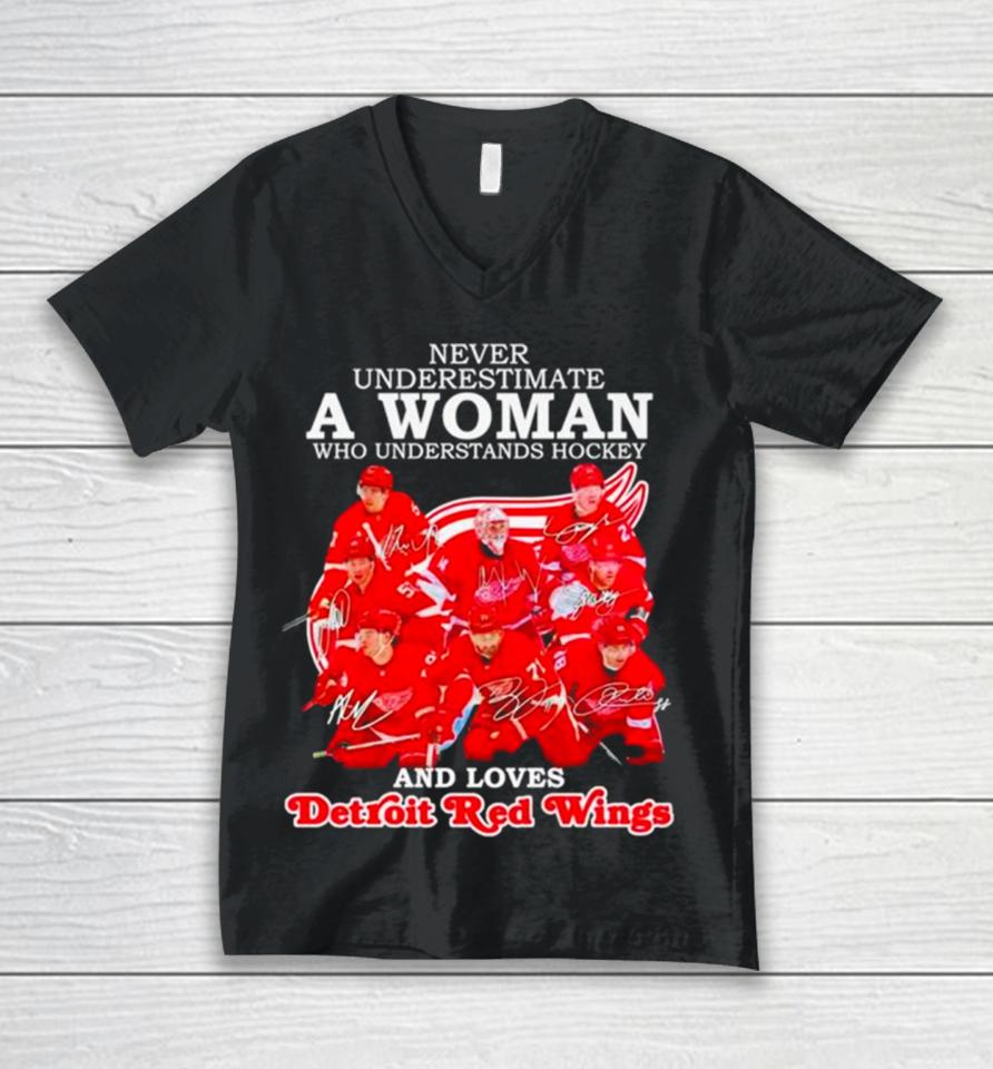 Never Underestimate A Woman Who Understands Hockey And Loves Detroit Red Wings Signatures Unisex V-Neck T-Shirt